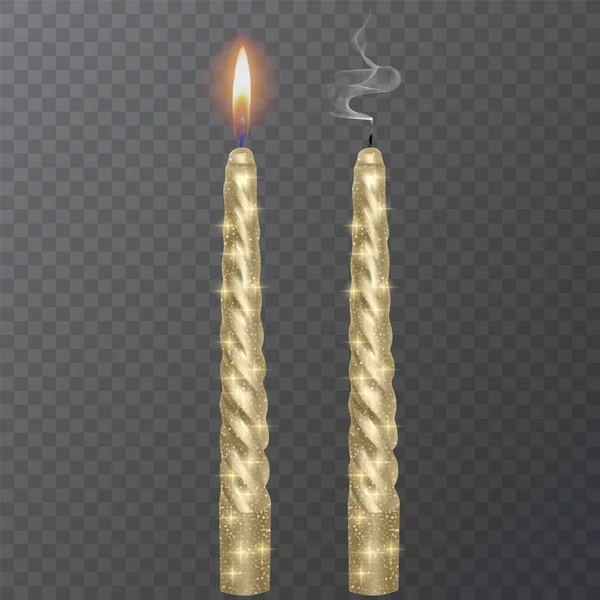 Realistická svíčka, Hořící zlatá svíčka a zhasnutá svíčka s třpytivou texturou na tmavém pozadí, vektorová ilustrace — Stockový vektor