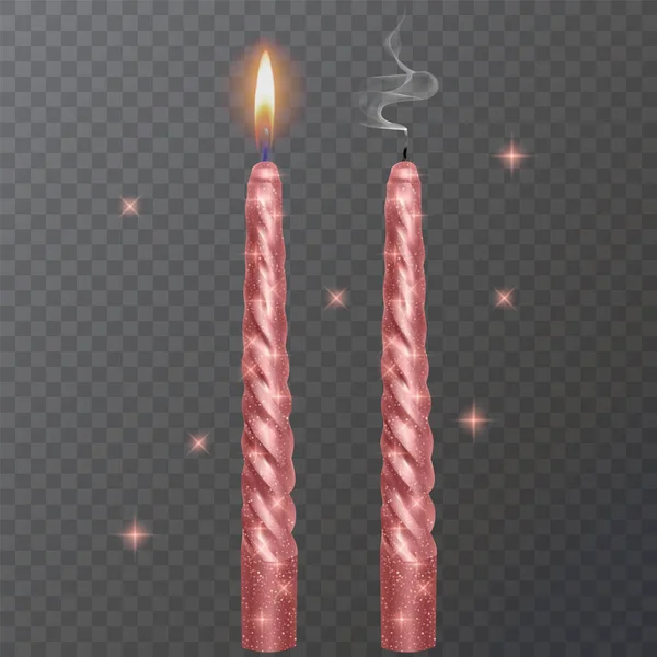 Realistic candle, Burning Red candle and an extinct candle with glittering texture on dark background, vector illustration
