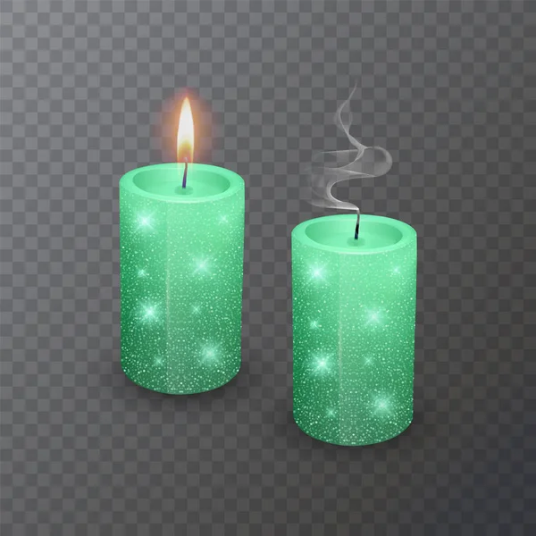 Realistic candle, Burning Green candle and an extinct candle with glittering texture on dark background, vector illustration — 스톡 벡터