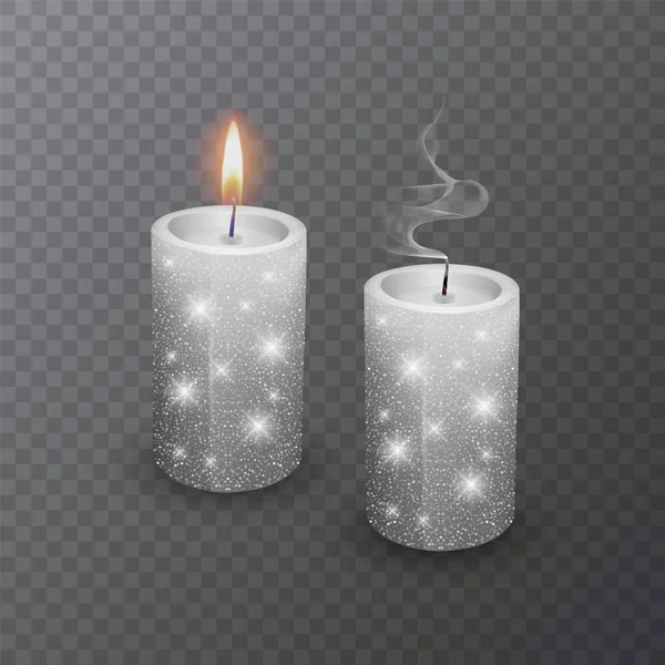 Candela realistica, candela bianca ardente e una candela estinta con texture scintillante su sfondo scuro, illustrazione vettoriale — Vettoriale Stock
