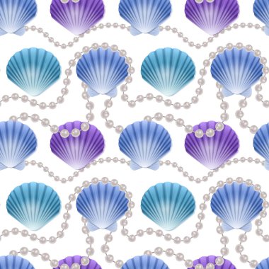 Beyaz zemin üzerinde renkli kabuklar ve inciler olan kusursuz, uçsuz bucaksız desen. Yemek endüstrisinde duvar kağıtları, posterler, ambalaj kağıtları, düğün kartları için kullanılabilir..
