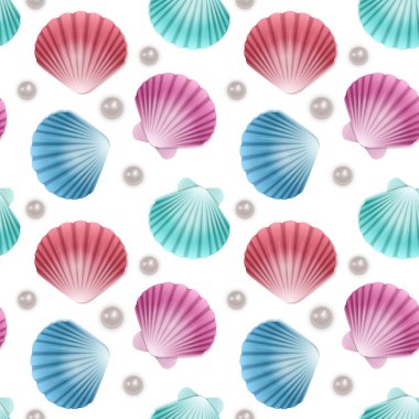 Beyaz zemin üzerinde renkli kabuklar ve inciler olan kusursuz, uçsuz bucaksız desen. Yemek endüstrisinde duvar kağıtları, posterler, ambalaj kağıtları, düğün kartları için kullanılabilir..