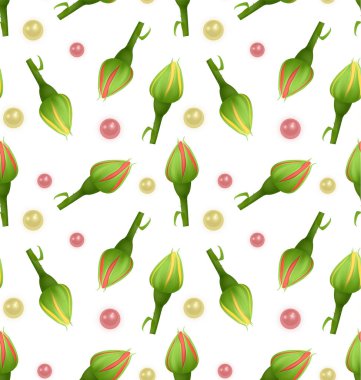 Beyaz arka plan üzerinde güzel gül ve gerçekçi inci Baskı ile Dikişsiz Sonsuz Desen. Duvar kağıtları, posterler, ambalaj kağıdı, düğün kartları için gıda sektöründe kullanılabilir.