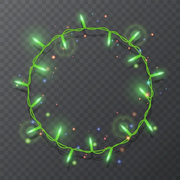 クリスマスライトボーダーベクトル、コピースペースと暗い背景に隔離された光の文字列フレーム。クリスマスのグリーンライトを輝く休日のグリーティングカードのデザイン。ベクターイラスト — ストックベクタ