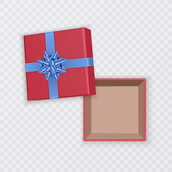 Red gift box with blue bow, top view, open empty square cardboard box, isolated on transparent background, vector illustration — 스톡 벡터