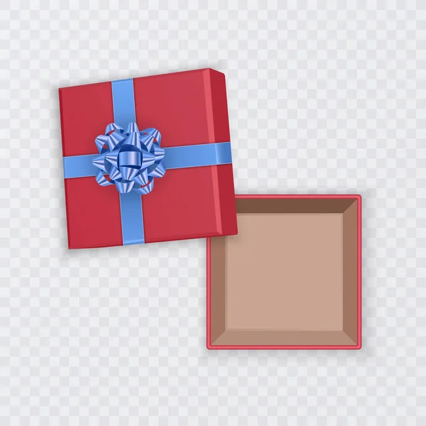 Red gift box with blue bow, top view, open empty square cardboard box, isolated on transparent background, vector illustration — 스톡 벡터