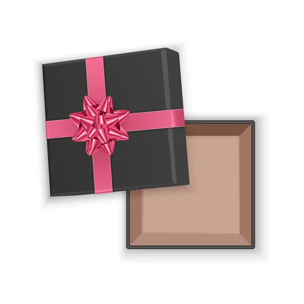 Černá dárková krabice s růžovým lukem, horní pohled, otevřená prázdná čtvercová lepenková krabice, izolovaná na průhledném pozadí. Vektorová ilustrace — Stockový vektor