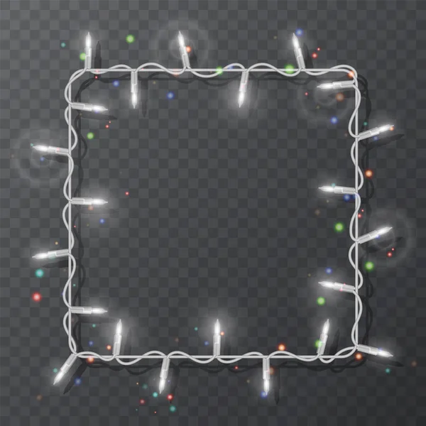 Χριστούγεννα φώτα διάνυσμα συνόρων, φως string πλαίσιο απομονώνονται σε σκούρο φόντο με αντίγραφο χώρο. Λαμπερά λευκά φώτα για το σχεδιασμό ευχετήριων καρτών Χριστουγέννων διακοπών. Εικονογράφηση διανύσματος — Διανυσματικό Αρχείο