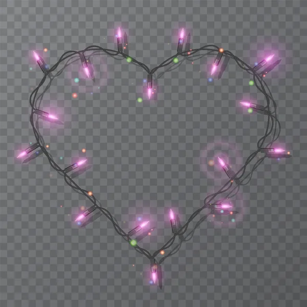 Frame in form of heart with realistic lights, Christmas lights isolated design, Garlands decoration elements. Glowing lights for Xmas Holiday greeting card design. — 스톡 벡터