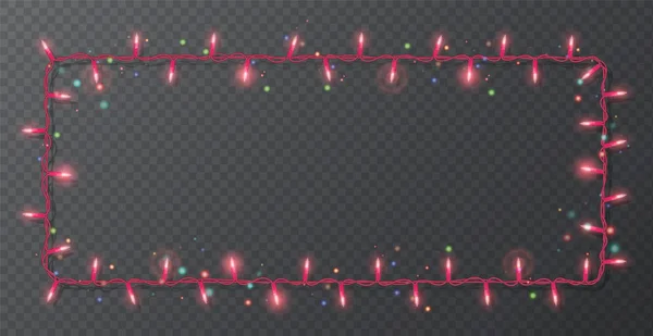 Граница рождественских огней, светлая струнная рамка, квадратная рамка на темном фоне с копировальным пространством. Светящиеся красные огни для рождественской праздничной открытки дизайн. Векторная иллюстрация — стоковый вектор
