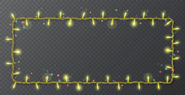 Χριστουγεννιάτικα φώτα περίγραμμα, φως string πλαίσιο, τετράγωνο πλαίσιο απομονώνονται σε σκούρο φόντο με αντίγραφο χώρο. Λαμπερά κίτρινα φώτα για το σχεδιασμό ευχετήριων καρτών Χριστουγέννων διακοπών. Εικονογράφηση διανύσματος — Διανυσματικό Αρχείο