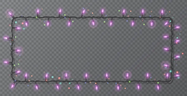 Weihnachtsbeleuchtung Randvektor, heller String Rahmen isoliert auf dunklem Hintergrund mit Kopierraum. leuchtende lila Lichter für Weihnachtsgrußkarten-Design. Vektorillustration — Stockvektor