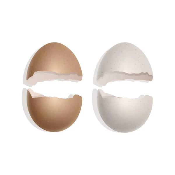 壊れた卵のセット、割れたオープンイースターエッグシェルのデザイン、白い背景に隔離された3D現実的なアイコン、ベクトルイラスト — ストックベクタ