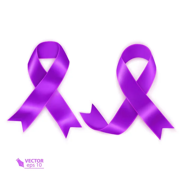 Set of Purple awareness ribbons for general cancer awareness, Lupus awareness, drug overdose, domestic violence, Alzheimer disease and Hodgkin disease symbol, realistic Vector illustration — Stock Vector