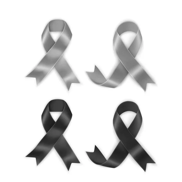Set of Black and gray awareness ribbons on white background. Mourning and melanoma symbol, Vector EPS 10 illustration — Stock Vector
