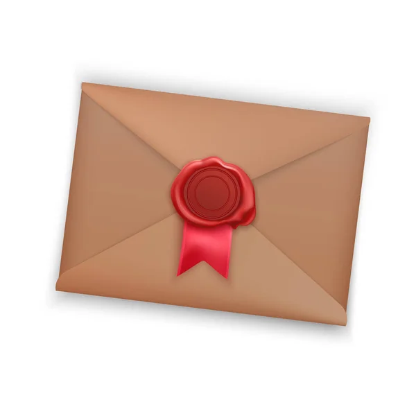 Beyaz arka planda kırmızı fok ağdası olan gerçekçi eski bir posta zarfı. Mühür Vektörü illüstrasyonlu kapalı zarf — Stok Vektör