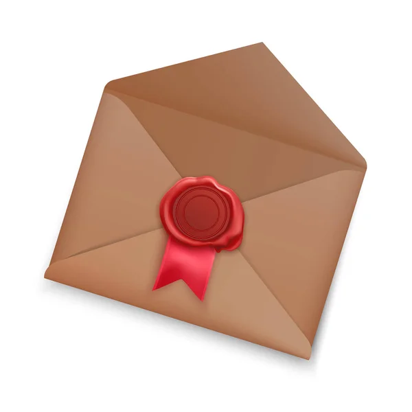 Réaliste Vieille enveloppe postale avec cire de phoque rouge isolée sur fond blanc. enveloppe ouverte avec sceau, illustration vectorielle — Image vectorielle