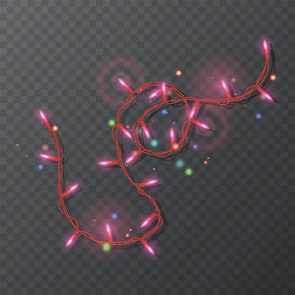 Weihnachtsbeleuchtung Randvektor, heller String Rahmen isoliert auf dunklem Hintergrund. leuchtende rote Lichter für das Weihnachtsgrußkartendesign. Vektorillustration — Stockvektor