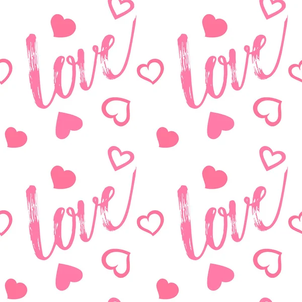 Seamless Endless Pattern with hearts and inscription love, Hand lettering inscription on white background. Can be used in food industry for wallpapers, posters, wrapping paper. Vector illustration — 스톡 벡터