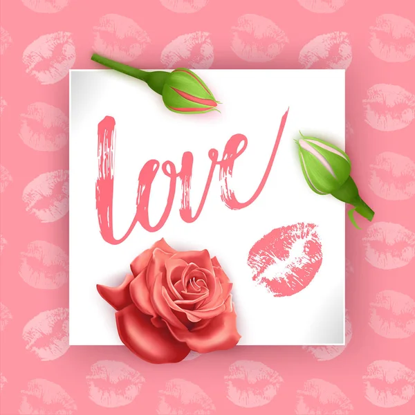 Postcard with the inscription love on Valentines day, Happy Valentines Day script lettering inscription. Hand lettering card with rose buds, vector illustration — 스톡 벡터