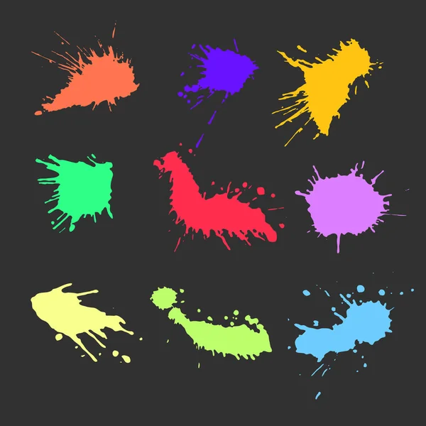 Colorful ink paint spots. Drops texture isolated on dark background. Set for grunge splash textures. Vector illustration — 스톡 벡터