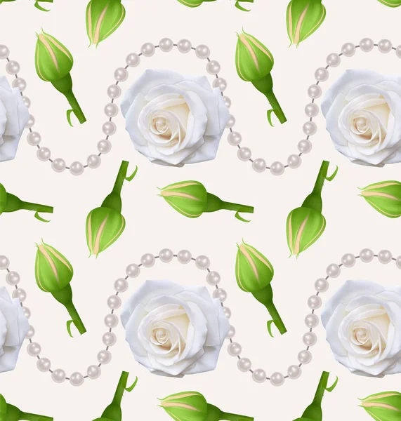 Bezešvý nekonečný vzor s tiskem krásných růží a realistických perel na bílém pozadí. Lze použít v potravinářském průmyslu pro tapety, plakáty, balicí papír, svatební karty. — Stockový vektor