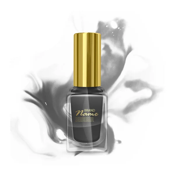 Esmalte de uñas negro realista en botella transparente sobre fondo abstracto. Ilustración vectorial — Vector de stock