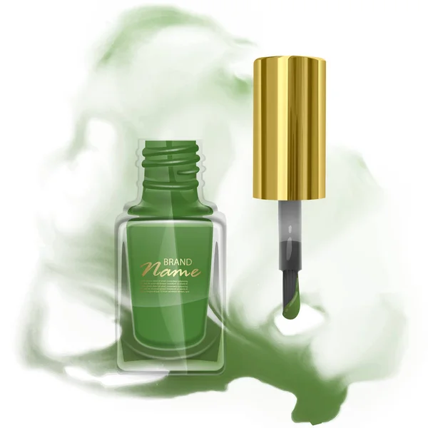 Esmalte de uñas verde realista en botella transparente sobre fondo abstracto. Ilustración vectorial — Archivo Imágenes Vectoriales