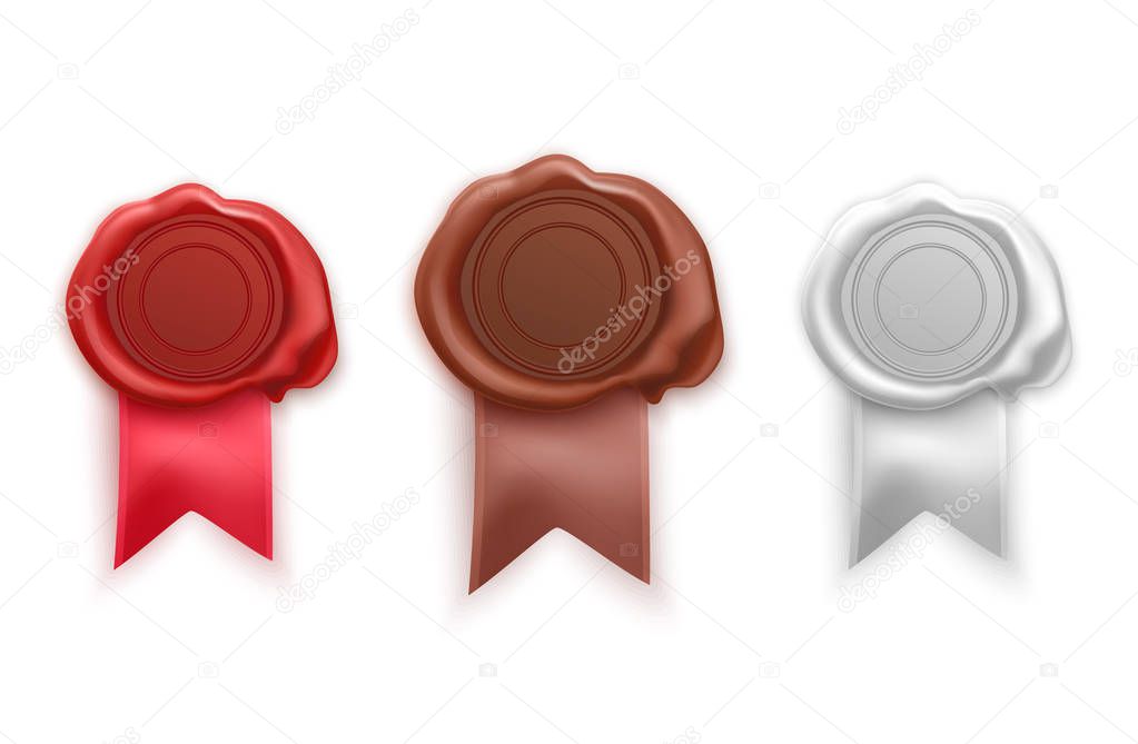 Retro and old seal wax stamps of red, brown and white colors. Set of isolated stamps for certificate and document, letter, envelope. Protection and certification, guarantee and quality mark.