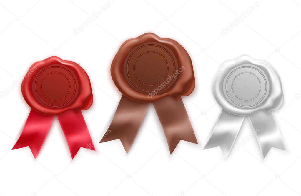 Retro and old seal wax stamps of red, brown and white colors. Set of isolated stamps for certificate and document, letter, envelope. Protection and certification, guarantee and quality mark.