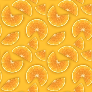 Turuncu arka planda çizgi film tarzında taze portakal dilimlerinin baskısı ile kusursuz sonsuz desen. Yemek endüstrisinde duvar kağıtları, posterler, ambalaj kağıtları, vektör illüstrasyonlar için kullanılabilir.