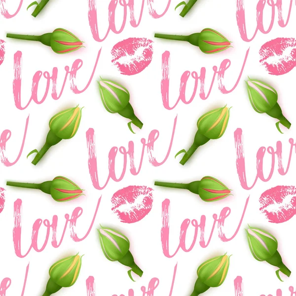 Seamless Endless Pattern with Print of rosebuds and inscription love, Hand lettering inscription on white background. Can be used in food industry for wallpapers, posters, wrapping paper. Vector — 스톡 벡터