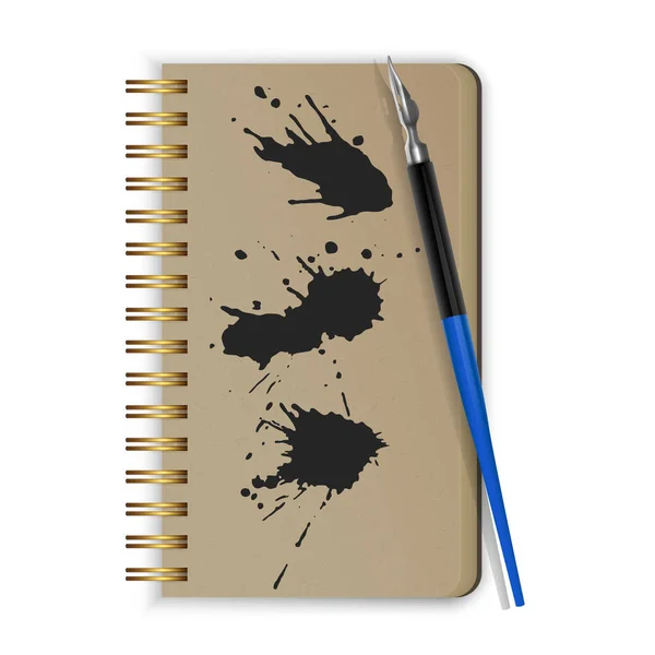 Stylo-plume vectoriel, stylo-plume sur bloc-notes et taches de peinture à l'encre noire. Style réaliste illustré — Image vectorielle