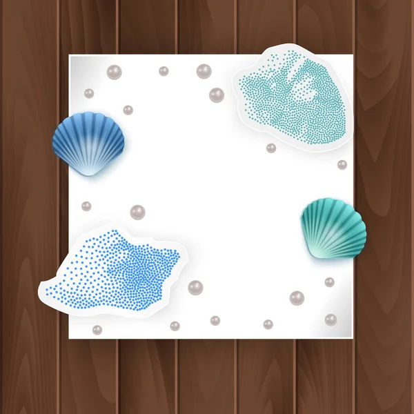Tarjetas Fotos, conchas y perlas sobre fondo de madera. Marco de conchas marinas de vacaciones de verano. Ilustración vectorial . — Archivo Imágenes Vectoriales