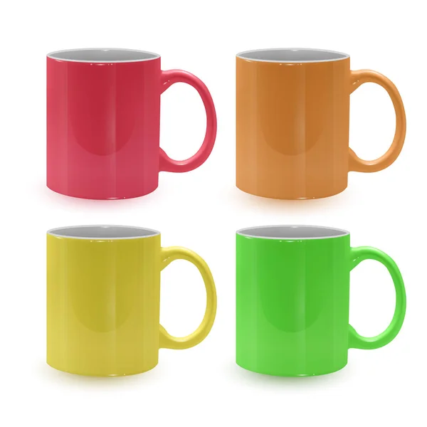 Ensemble de tasses lumineuses et colorées sur fond blanc, tasses réalistes, modèle pour votre projet — Image vectorielle