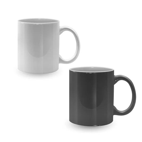 Ensemble de tasses noires et blanches sur fond blanc, tasses réalistes, gabarit pour votre projet. Illustration vectorielle — Image vectorielle