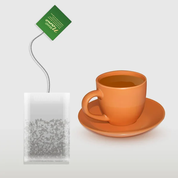 Realistic Cup of tea and shaped tea bag mock up. Isolated on white background, Element for design, advertising, packaging. — ストックベクタ