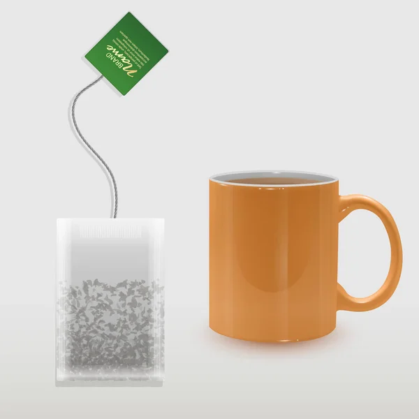 Realistic Cup of tea and shaped tea bag mock up. Isolated on white background, Element for design, advertising, packaging. — ストックベクタ