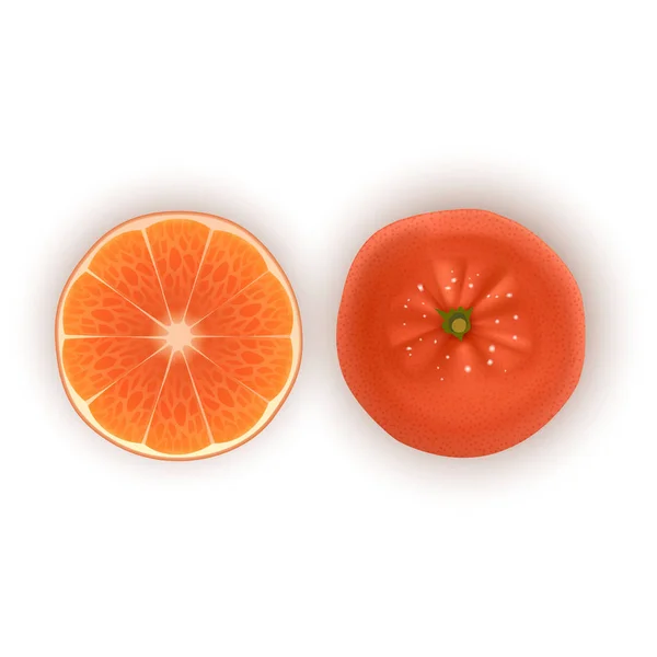Helle Vektor-Set von bunten Hälfte, Scheibe und Segment von saftigen Orange. frische realistische Orangen auf weißem Hintergrund. — Stockvektor