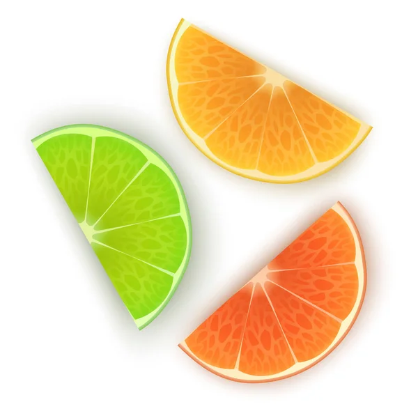 Naranja fresca, rodajas de limón y lima sobre fondo blanco, conjunto de cítricos brillantes, rodajas de naranja para su proyecto — Vector de stock