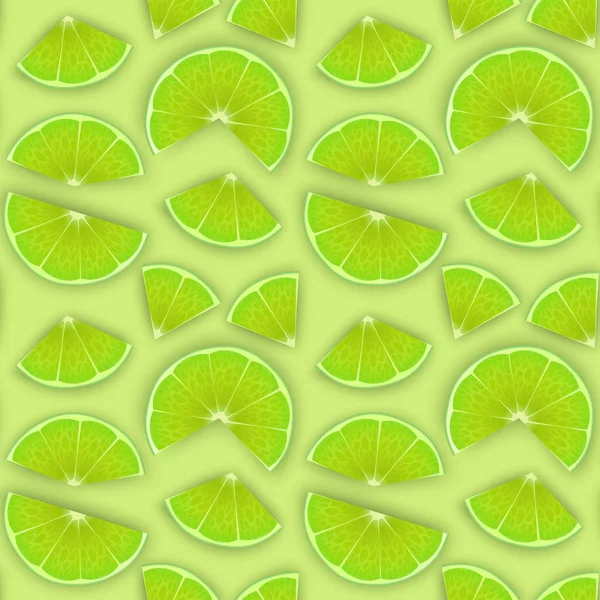 Seamless Endless Pattern with Print of Fresh lime slices, in cartoon style on Green background. Can be used in food industry for wallpapers, posters, wrapping paper, Vector illustration — ストックベクタ