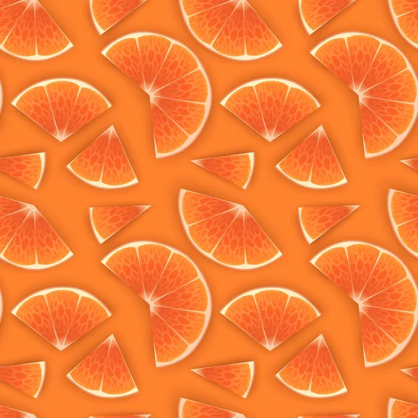 Turuncu arka planda çizgi film tarzında taze portakal dilimlerinin baskısı ile kusursuz sonsuz desen. Yemek endüstrisinde duvar kağıtları, posterler, ambalaj kağıtları, vektör illüstrasyonlar için kullanılabilir. — Stok Vektör