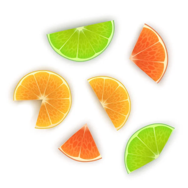 Naranja fresca, rodajas de limón y lima sobre fondo blanco, conjunto de cítricos brillantes, rodajas de naranja para su proyecto — Vector de stock