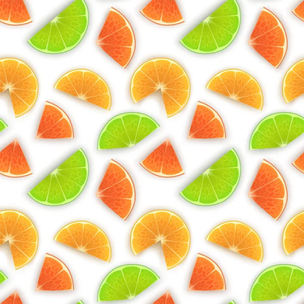 Patrón sin costuras sin fin con impresión de rodajas de naranja fresca, lima y limón en estilo de dibujos animados sobre fondo blanco. Se puede utilizar en la industria alimentaria para fondos de pantalla, carteles. Ilustración vectorial — Archivo Imágenes Vectoriales