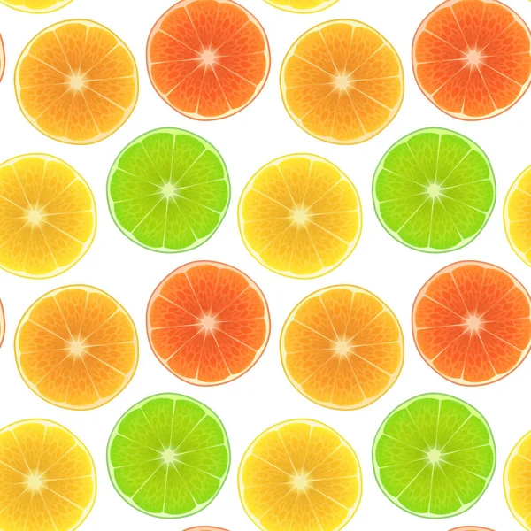 Patrón sin costuras sin fin con impresión de rodajas de naranja fresca, lima y limón en estilo de dibujos animados sobre fondo blanco. Se puede utilizar en la industria alimentaria para fondos de pantalla, carteles. Ilustración vectorial — Vector de stock