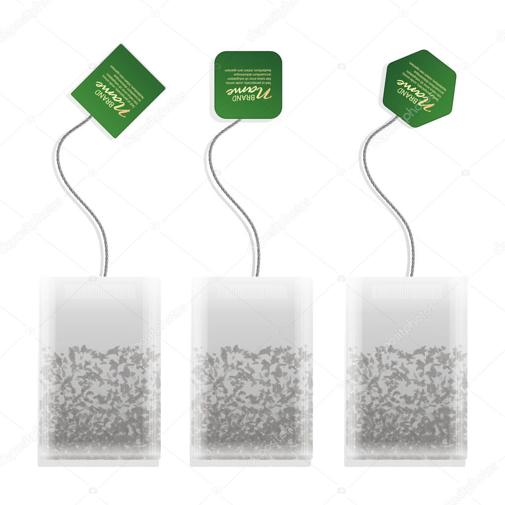 Vector realistic illustration of tea bag with green label in different shapes isolated on white background