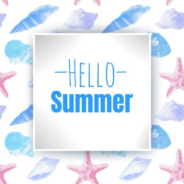 Merhaba Summer, arkaplanda karikatür tarzında renkli deniz kabukları yazılı. Kusursuz arkaplan üzerinde Vektör Eps 10 illüstrasyon.