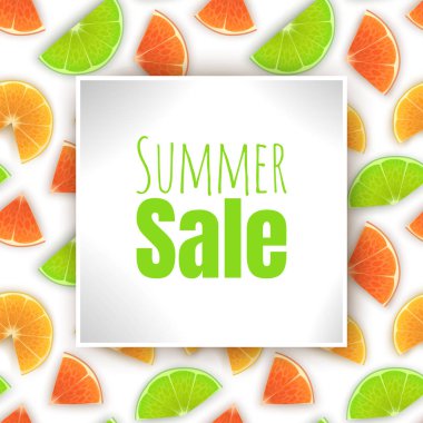 Promosyon için yaz indirimi afişi tasarımı, taze portakal dilimleri, karikatür tarzında limon ve limon, Vector Eps 10 illüstrasyon