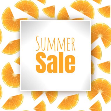 Promosyon için yaz indirimi afişi tasarımı, renkli arkaplan çizgi film tarzında taze portakal dilimleri, Vector Eps 10 illüstrasyon