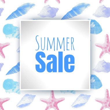 Promosyon için yaz indirimi afişi tasarımı, renkli deniz kabukları çizgi film tarzında arka plan, Vektör illüstrasyonu